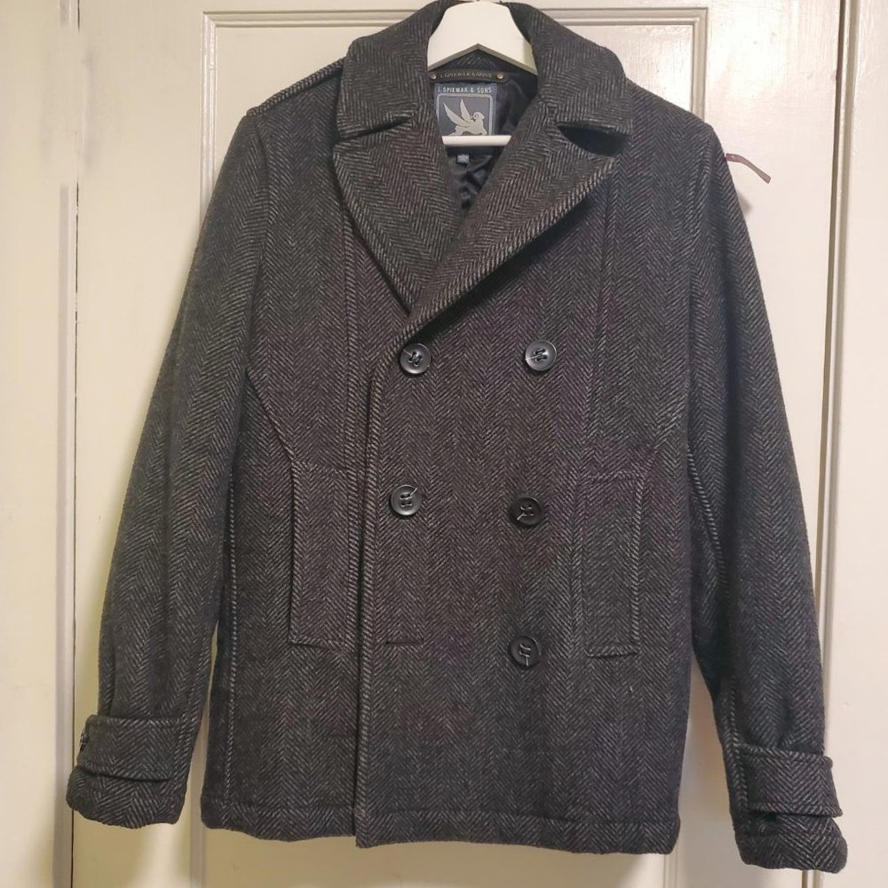 Women's SPIEWAK & SONS Black White Wool Pea Coat Jacket Sz S EUC